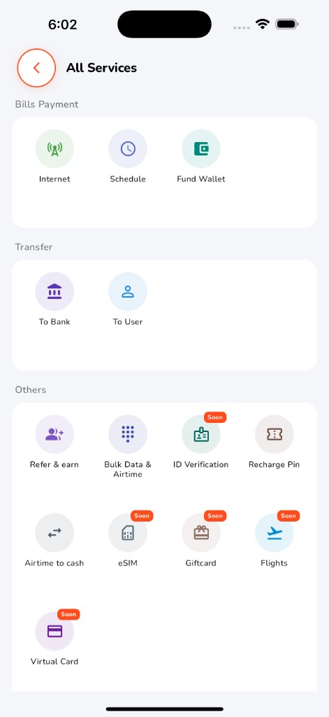 DataVendor mobile app — All Services screen with bills, transfers, eSIM and more